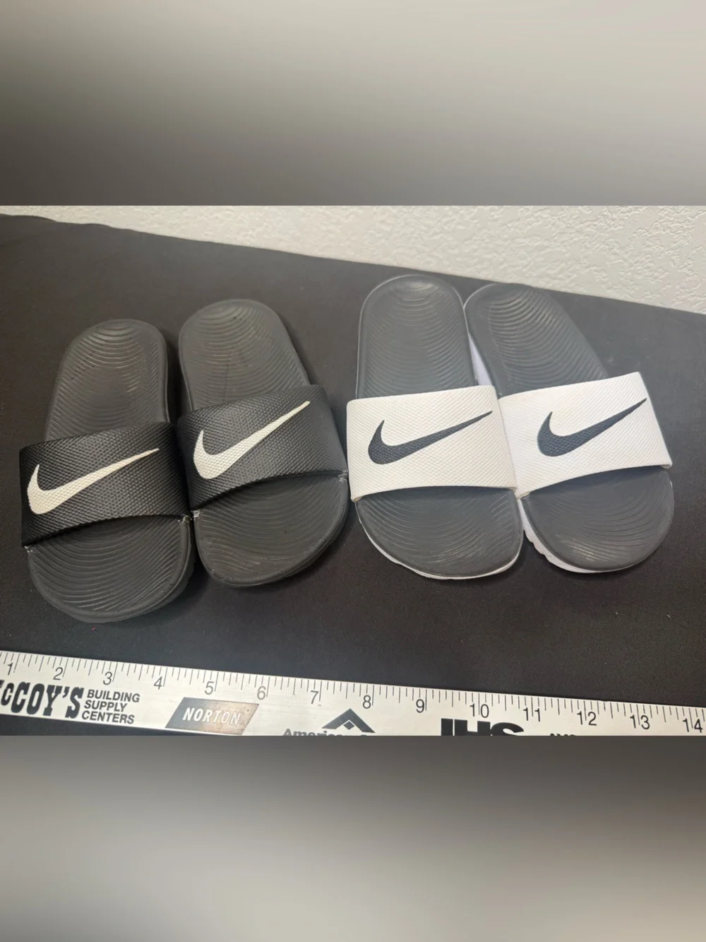 2 pairs Nike Kids Slide Sandals in Black & White with Swoosh size 12c